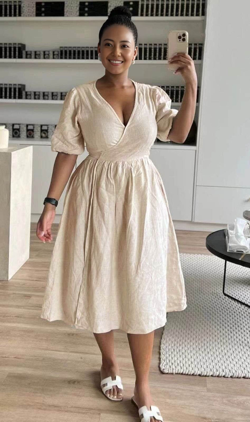 Beige wrap midi dress with puff sleeves and stretch waist