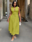 Midi-kleid mit tailliertem Oberteil, ärmellos, V-Ausschnitt, Knopfleiste, gelbgrün