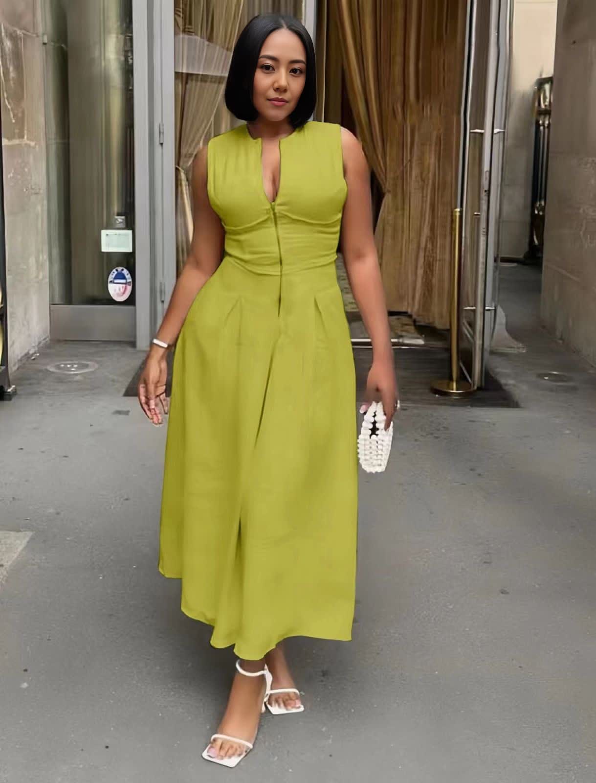 Midi-kleid mit tailliertem Oberteil, ärmellos, V-Ausschnitt, Knopfleiste, gelbgrün