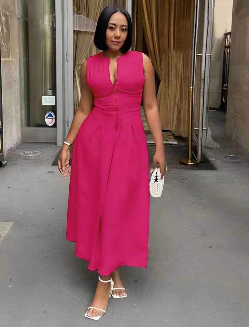 Midi-kleid mit tailliertem Oberteil, ärmellos, V-Ausschnitt, Knopfleiste, tiefrosa