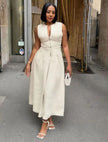 Midi-kleid mit tailliertem Oberteil, ärmellos, V-Ausschnitt, Knopfleiste, weiß