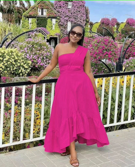 Deep-pink one-shoulder midi dress with ruffle hem and flared skirt