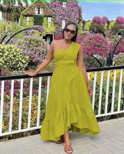 Yellow-green one-shoulder midi dress with ruffle hem and flared skirt