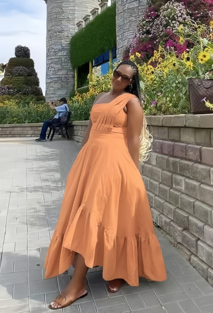 Orange one-shoulder midi dress with ruffle hem and flared skirt