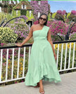 Light-green one-shoulder midi dress with ruffle hem and flared skirt