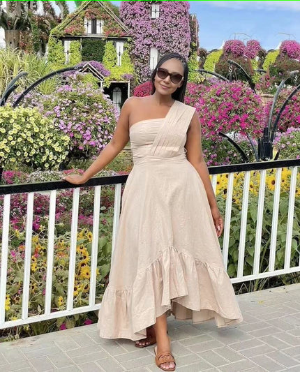 Beige one-shoulder midi dress with ruffle hem and gathered waist