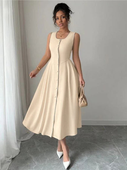Beige sleeveless midi button-front dress with gathered skirt and waist seams
