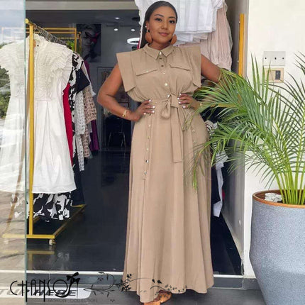 Khaki belted maxi shirt dress with button-down bodice, sleeveless yoke, long skirt