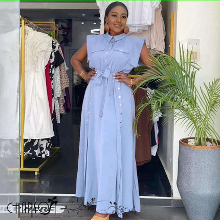 Sky-blue belted maxi shirt dress with button-down bodice and sleeveless yoke, long skirt