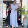 Sky-blue belted maxi shirt dress with button-down bodice and sleeveless yoke, long skirt