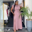 Dusty pink belted maxi shirt dress with button-down bodice, sleeveless yoke, long skirt