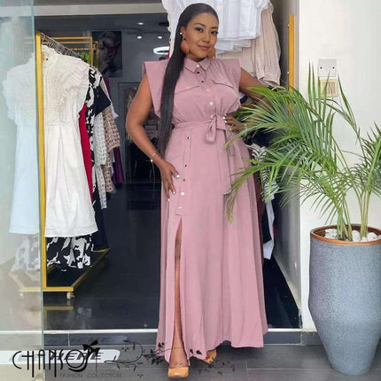 Dusty pink belted maxi shirt dress with button-down bodice, sleeveless yoke, long skirt