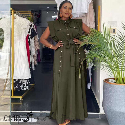 Dark green belted maxi shirt dress with button-down bodice, sleeveless yoke, long skirt