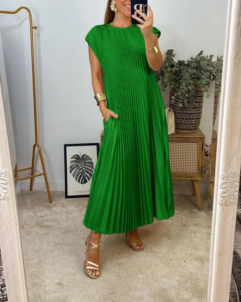 Forest-green pleated sleeveless maxi dress with round neckline