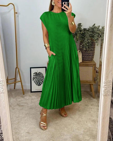 Forest-green pleated sleeveless maxi dress with round neckline