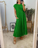 Forest-green pleated sleeveless maxi dress with round neckline