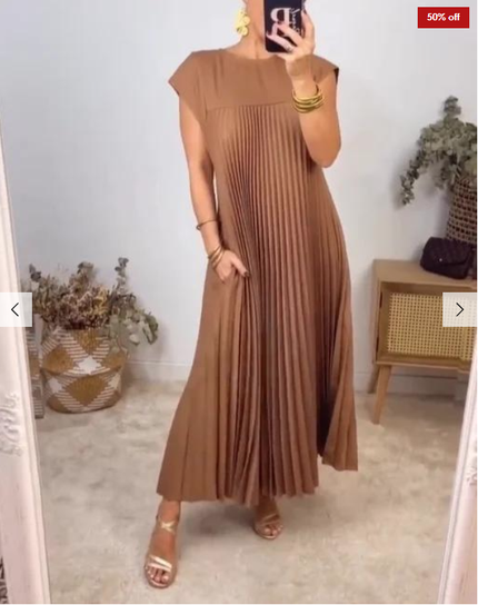 Sandy-brown pleated sleeveless maxi dress with round neckline