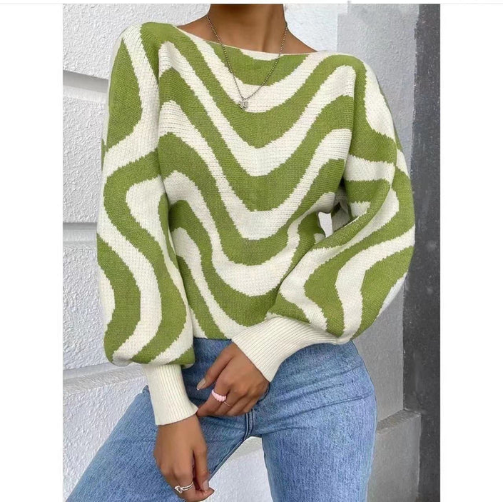 Striped knit sweater top with puff sleeves, loose fit, green and white zigzag