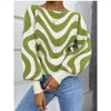 Striped knit sweater top with puff sleeves, loose fit, green and white zigzag