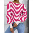 Striped knit sweater top with puff sleeves, loose fit, deep-pink and white zigzag