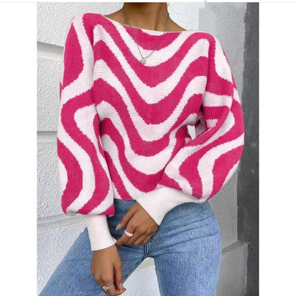 Striped knit sweater top with puff sleeves, loose fit, deep-pink and white zigzag