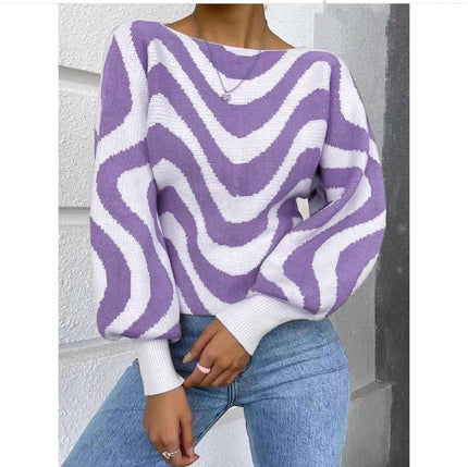 Striped knit sweater top with puff sleeves, loose fit, light-purple and white zigzag