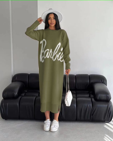 Olive knit maxi dress with long sleeves and white script logo front, crew neckline.