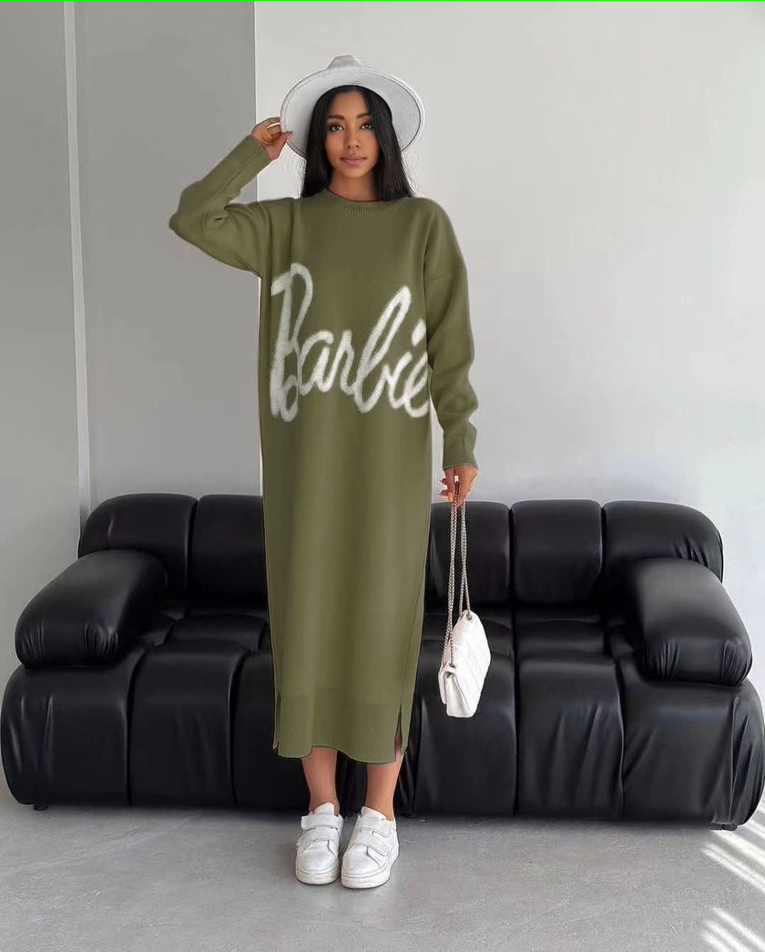 Dress Long Sleeve Knit Barbie Script Chic Casual