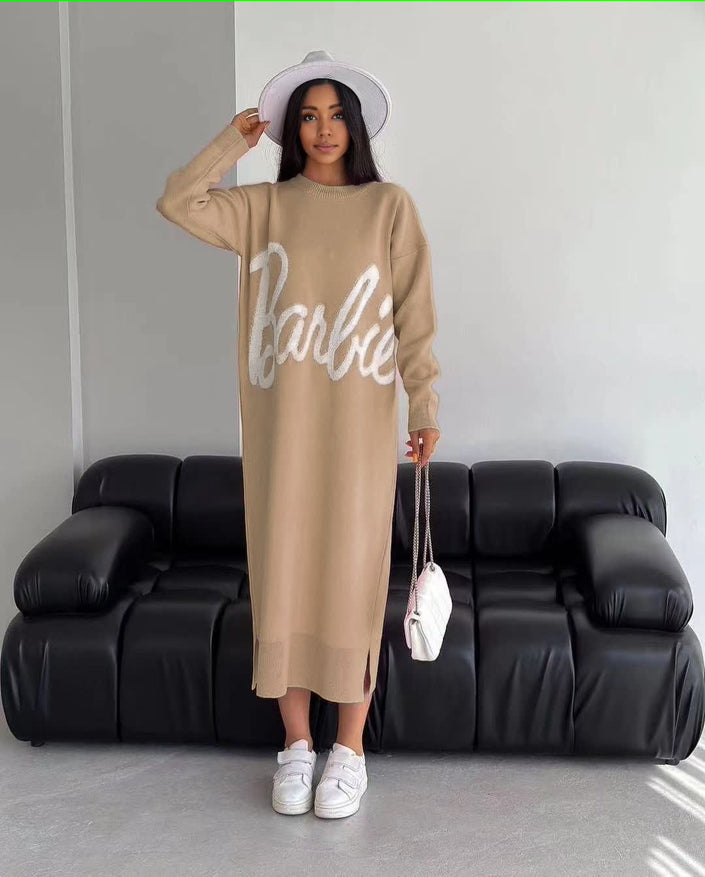 Khaki knit maxi dress with long sleeves and white script logo front, crew neckline.