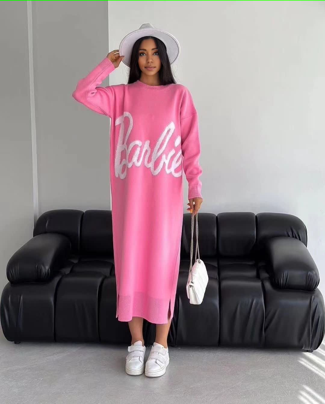 Dress Long Sleeve Knit Barbie Script Chic Casual