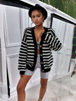 Striped knit cardigan with button front, black and white horizontal stripes