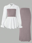 Contrast blouse and ribbed midi skirt set, white peplum blouse with mauve skirt