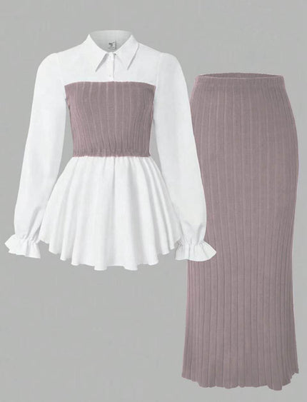 Contrast blouse and ribbed midi skirt set, white peplum blouse with mauve skirt