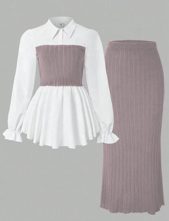Contrast blouse and ribbed midi skirt set, white peplum blouse with mauve skirt