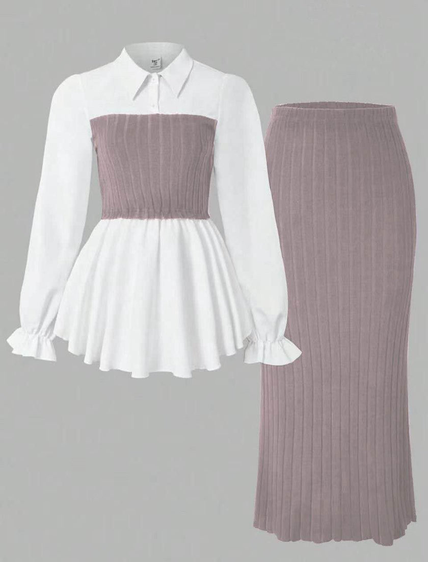 Contrast blouse and ribbed midi skirt set, white peplum blouse with mauve skirt
