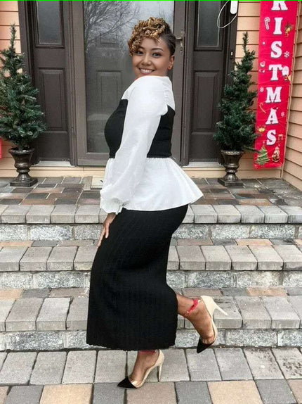 Contrast blouse and ribbed midi skirt set, white peplum top with black skirt