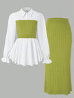 Contrast blouse and ribbed midi skirt set, white peplum blouse with lime-green skirt