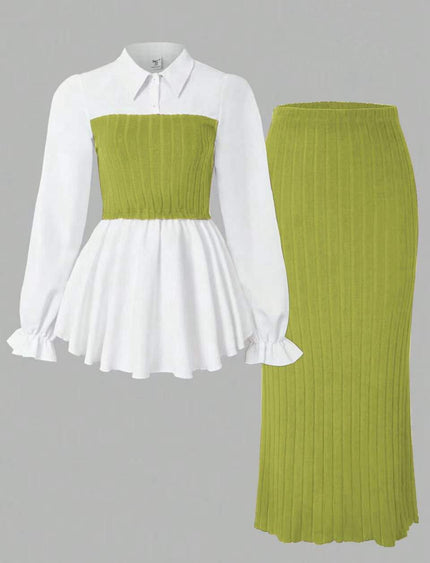Contrast blouse and ribbed midi skirt set, white peplum blouse with lime-green skirt