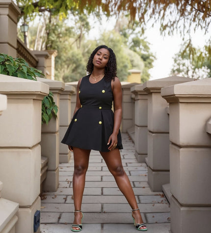 Black A-line mini dress with double-breasted buttons and pleated skirt