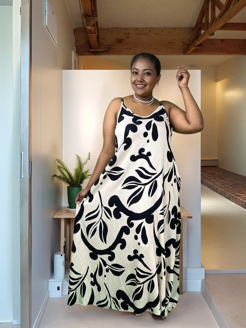 Women's Sleeveless V-Neck Long Dress - Black and White Floral Pattern