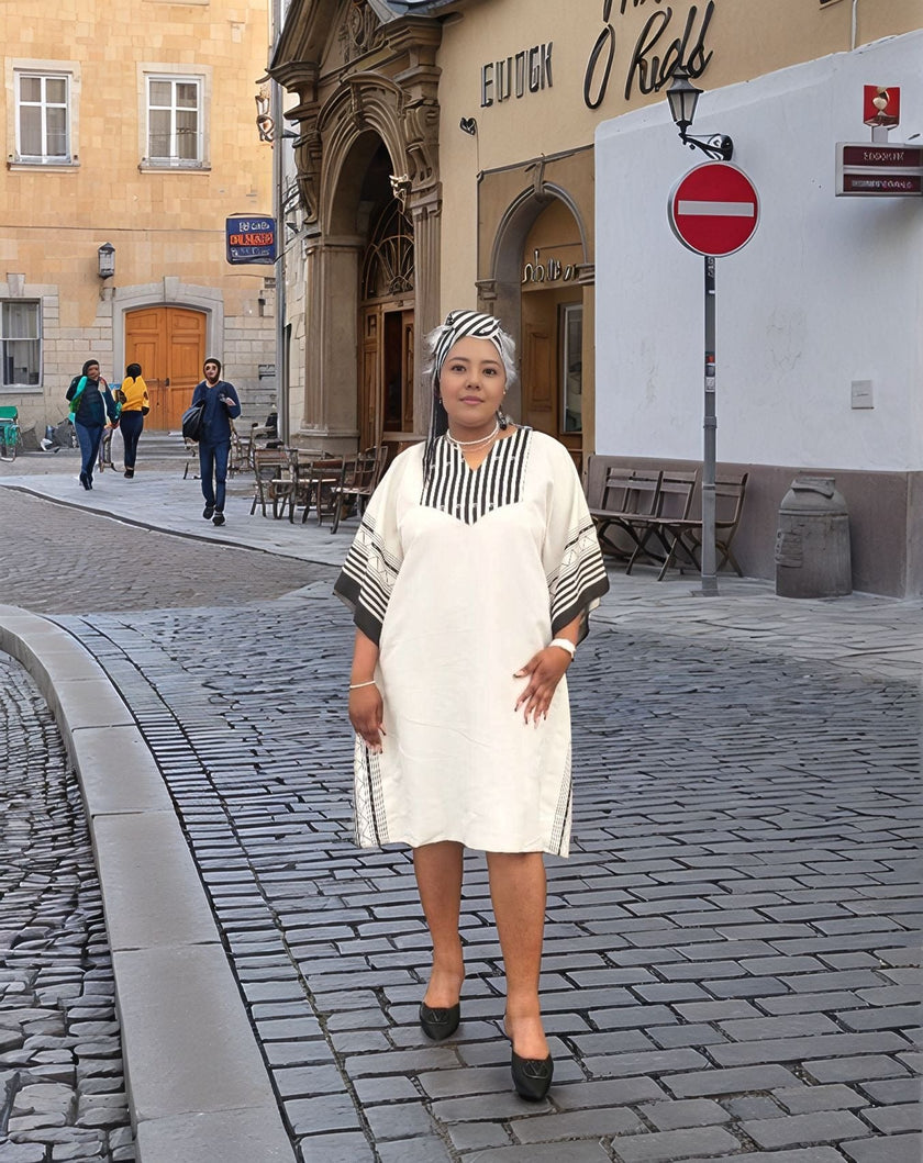 Women's Loose Fit Dress with Striped Accents and Front Slit Design