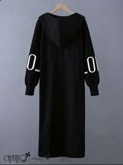 Black hooded knit coat, long back view with cuff accent panels