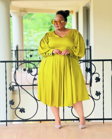 Plus Size Midi Dress  Puff Sleeve Pleated