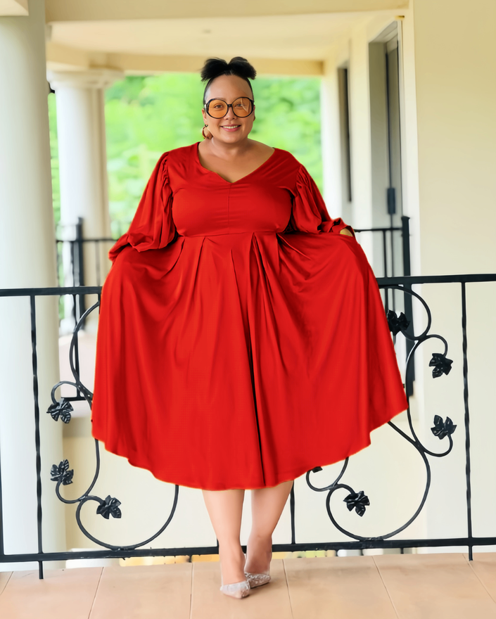 Plus Size Midi Dress  Puff Sleeve Pleated