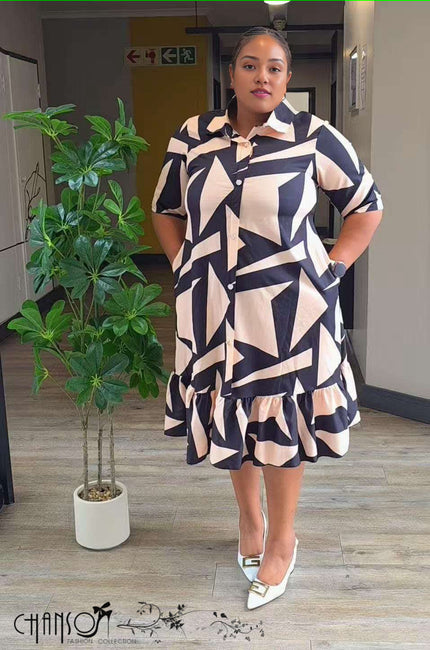 Plus size ruffle shirt dress, black/cream geometric print, collared button front
