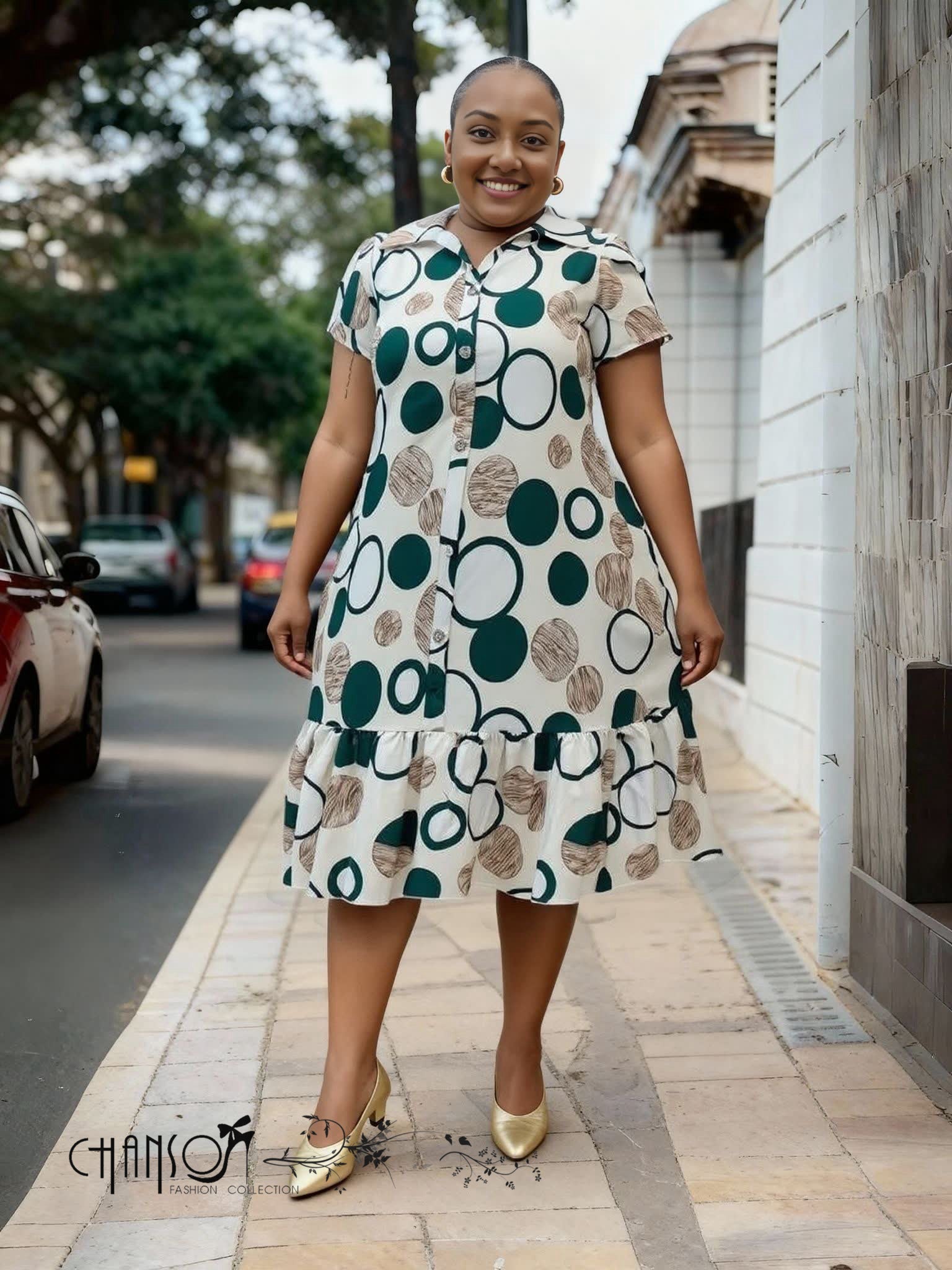 Shirt Dress Circle Print Ruffled Chic Casual