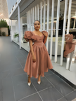 Puff sleeve midi dress in blush/tan with square neckline and gathered waist
