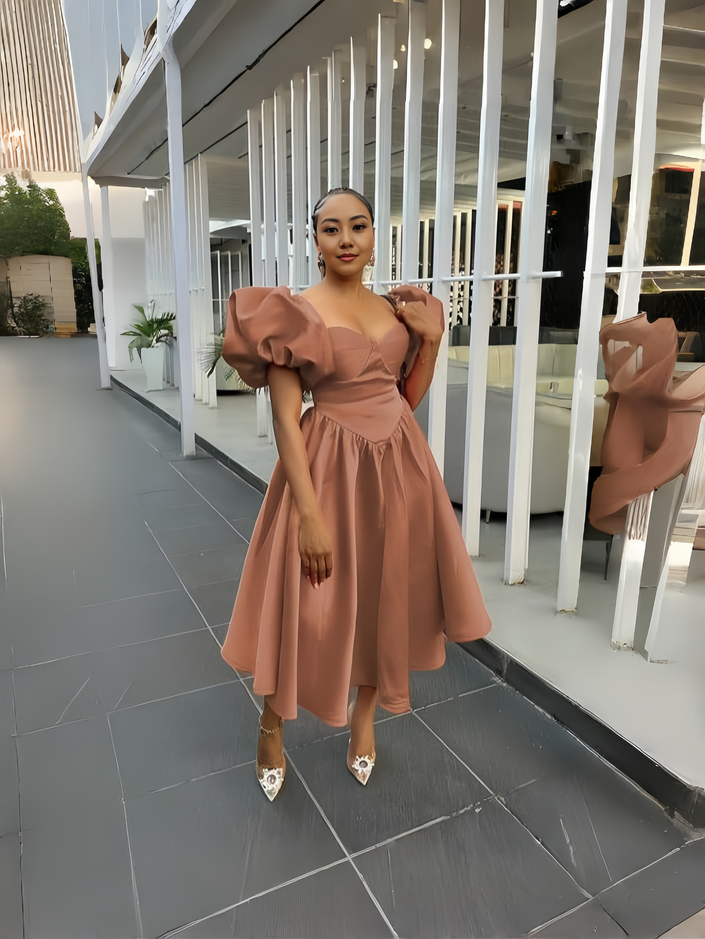 Puff sleeve midi dress in blush/tan with square neckline and gathered waist