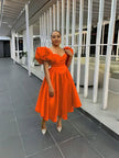 Puff sleeve midi dress in orange with square neckline and gathered waist