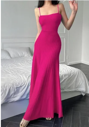 Ribbed knit maxi dress, sleeveless scoop neck, deep pink